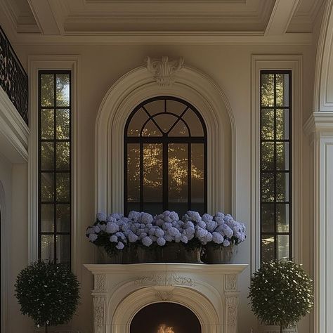 Sandra Ohlendorf | ai interior designer on Instagram: "Artificial Intelligene Design by @lifetime_interior_design  . . . #outdoorphotography #outdoors #terrasse #terracegarden #mansion #luxury #luxurylifestyle #hydrangeas #bluehydrangea #fireplace #summerevening #frenchstyle #frenchstyledecor" Hydrangea Mantel Decor, Hydrangea Interior, Hydrangea Garden Aesthetic, Blue Hydrangeas Aesthetic, Hydrangea House, Mansion Aesthetic, French Style Decor, Amazing Spaces, Terrace Garden