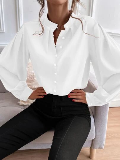 WishList | SHEIN Winter Blouses, Stand Collar Shirt, Fall Blouse, Bishop Sleeve, Puff Sleeve Blouse, Pullover Shirt, Lantern Sleeves, Collar Shirts, White Shirt