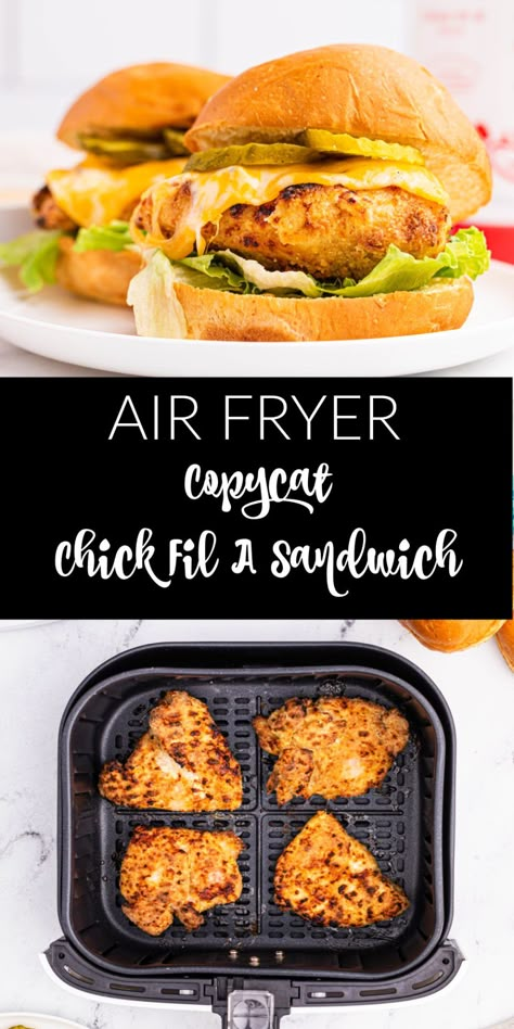 Air Fryer Copycat Chick Fil A Sandwich is juicy chicken that is super crispy in every bite. It is a delicious sandwich that tastes just like the real thing but made in your own kitchen. Chicken Air Fryer Sandwich, Airfryer Chicken Burger, Copycat Chick Fil A Sandwich, Air Fryer Chicken Sandwich, Types Of Bellies, Chick Fil A Sandwich, Dinner Recipes With Chicken, Air Fryer Recipes Snacks, New Air Fryer Recipes