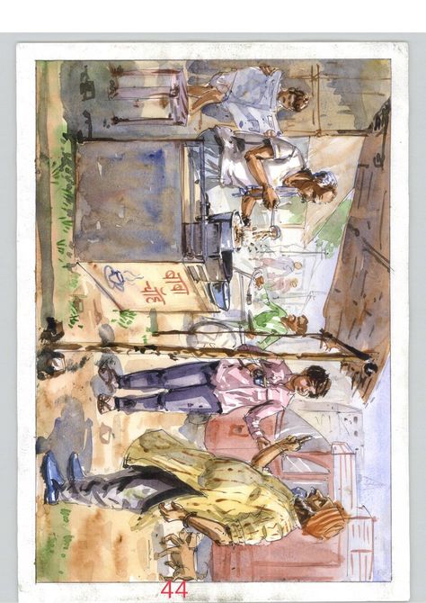 Water Colour Memory Drawing, Composition Figure Drawing, Memory Drawing Figures, Watercolor Memory Drawing, Subject Drawing Watercolor Painting, Market Scene Composition, Human Composition Painting Watercolour, Tea Stall Painting, Market Composition Drawing