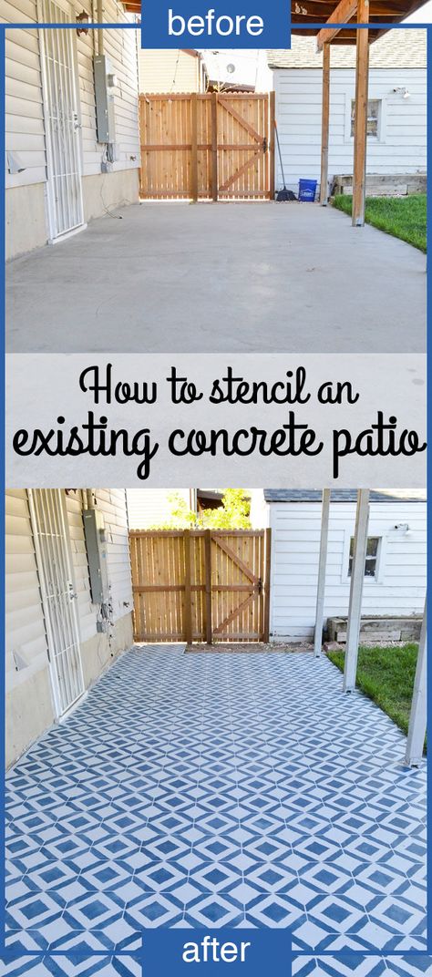 How To Stencil an Existing Concrete Patio | Plaid & Paleo Stenciling Concrete Patio, Cement Patio Ideas Diy, How To Stencil Concrete Patio, Patio Stencil Concrete Diy, Patio Stencil Ideas, Stenciled Concrete Floor Patio, Airbnb Exterior, Stencil Patio, Painted Cement Patio