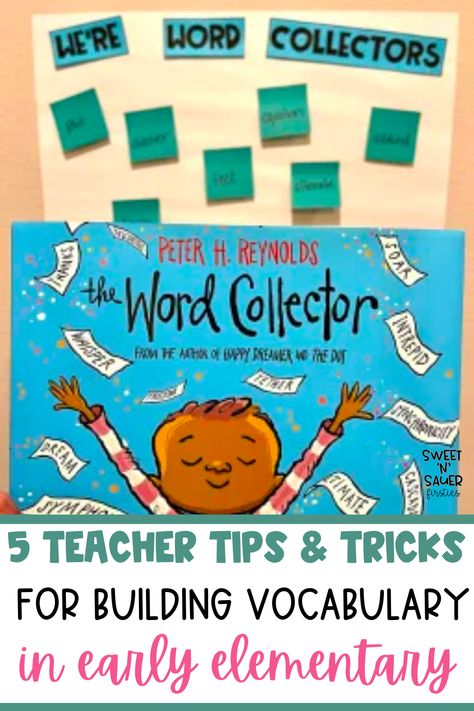 If you have been trying to find some new teacher tips and tricks on building vocabulary, you have come to the right place. I am sharing my 5 teacher tips for building vocabulary activities. These vocabulary activities for elementary are easy to implement during literacy small group, morning work, and literacy centers. All you need to do is build word walls in the classroom or anchor chart display wall, early elementary read alouds, rich conversations, and more! Vocabulary Walls In The Classroom, Classroom Vocabulary Wall, Vocabulary Bulletin Boards Elementary, Vocabulary Wall Ideas Classroom, The Word Collector Activities, 2nd Grade Vocabulary Activities, Word Building Folder, Vocabulary First Grade, Elementary Read Alouds