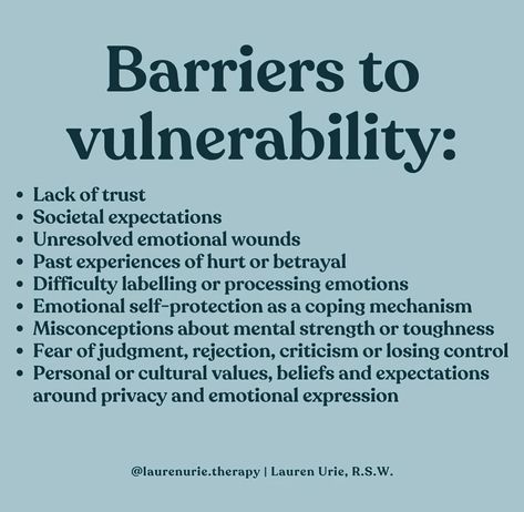 Barriers to vulnerability include fear of judgment, rejection, and emotional pain; cultural and societal norms discouraging openness; past experiences of betrayal or trauma; lack of trust in others; and internalized beliefs about self-worth and independence. These obstacles hinder individuals from sharing their true selves and seeking authentic connections. #vulnerability #vulnerable #fearofjudgement #rejection #emotionalpain #betrayal #trauma #lackoftrust #selfworth #openup #speakup #breakth... Fear Of Vulnerability, Emotional Vulnerability, How To Handle Conflict, Societal Norms, Celebrate Recovery, Improve Communication Skills, Relationship Therapy, People Skills, Self Exploration