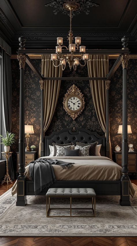 Modern Vintage Bedroom French Royal Bedroom, Bedroom Victorian Modern, Dark Academia Canopy Bed, Goth Glam Bedroom, Curtain Beds, Dark Victorian Decor, Old Victorian Bedroom, Diy Headboard Projects, Castlecore Aesthetic