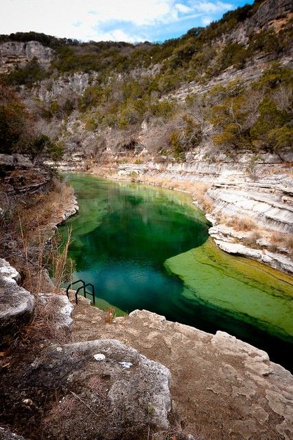 Blue Hole, Leakey, Texas - You can only get to this Blue Hole by staying overnight at Riding River Ranch, then hike or ride your mountain bike about a mile to it, take a steep set of stair down and traverse the stream several yards. Leakey Texas, Wimberly Texas, Wimberley Texas, Texas Adventure, Texas Places, Blue Hole, Stay Overnight, Central Texas, Texas Travel