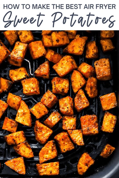 These Air Fryer Sweet Potato Cubes are wonderfully seasoned, golden, and flavorful. The sweet potatoes cook perfectly in the air fryer in about 15 minutes and make an easy, healthy side dish that the whole family will enjoy! Baked Sweet Potato Fries Air Fryer, Crispy Sweet Potato Fries Air Fryer, Diced Sweet Potatoes In Air Fryer, Air Fryer Sweet Potatoes Cubes, Air Fry Sweet Potato, Sweet Potato Recipes Air Fryer, Sweet Potato Air Fryer, Air Fryer Sweet Potatoes, Sweet Potato Cubes