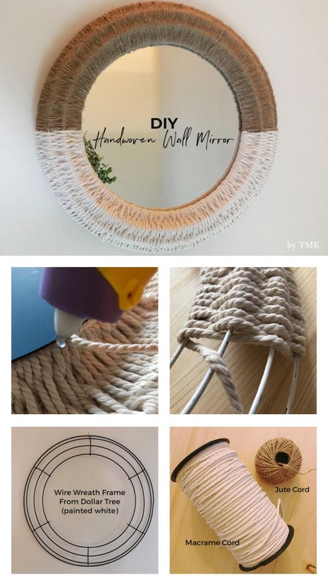 Diy Boho Mirror Ideas, Jute Mirror Diy, Diy Boho Rug, Rope Wall Decor Diy, Rope Crafts Diy Decor, Diy Boho Decor Bedroom Projects, Poster Room Decor Ideas, Diy Boho Wreath, Boho Mirror Diy