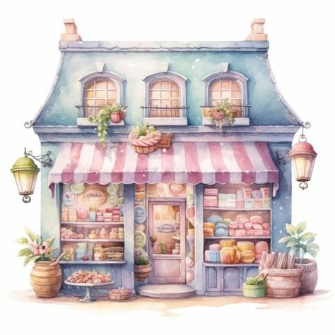 Storefront Illustration, Bakery Illustration, Watercolor Bakery, Dj Cake, Baby Hampers, Cute Bakery, Blue Building, Storefront Design, Baby Hamper