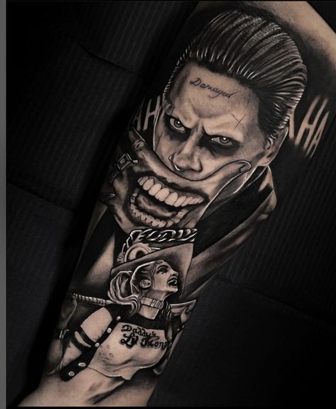 Joker Leg Tattoo Men, Villian Tattoo Sleeve, Joker Tattoo Suiced Squad, His And Hers Joker And Harley Tattoos, Joker Sleeve Tattoo Ideas, Joker Inspired Tattoo, Joker Theme Tattoo, Tattoo Joker Design, Harley Quinn And The Joker Tattoo