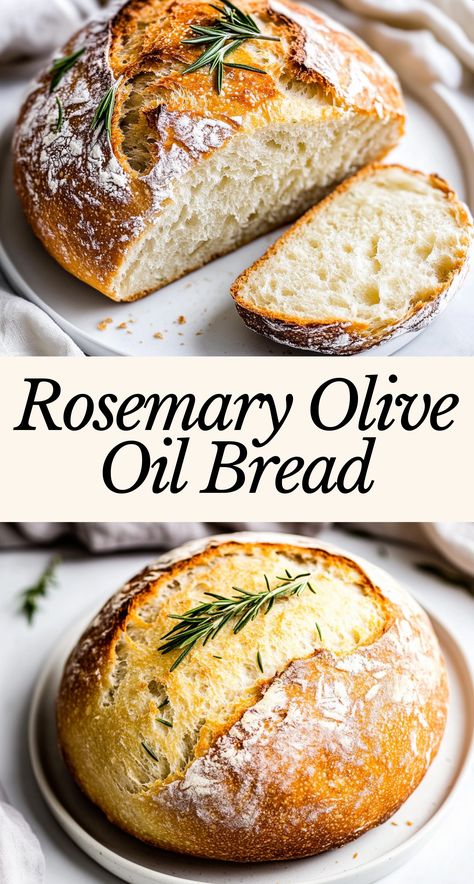 A fragrant, homemade loaf with a golden crisp crust and a soft, airy interior! Infused with fresh rosemary and rich olive oil, this artisan bread is perfect for soups, salads, or gourmet sandwiches. 🥖✨ Serve it warm with butter or dip it in balsamic & olive oil for the ultimate bakery-style experience at home! Save this for your next baking adventure! 🍃🫒 #RosemaryBread #HomemadeBaking #ArtisanBread #EasyBreadRecipe #BreadLover #BakingFromScratch Baked Bread Recipes, Rosemary Olive Oil Bread, No Knead Artisan Bread, Bread Dutch Oven, Bread Artisan, Recipes Banana Bread, Bread Zucchini, Bread Roast, Rosemary Olive Oil