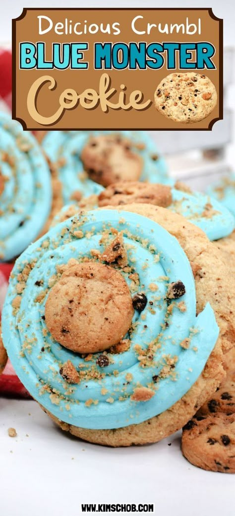 Cookie monster themed Crumbl cookies. You have a moist and decadent jumbo cookie that is topped with blue frosting and a mini cookie and crumbs piled on top. A must make copycat Crumbl cookie recipe. Crumbl Cookie Copycat Blue Monster, Brownie Batter Crumbl Cookie Recipe, Crumbl Cookie Monster Copycat, Jumbo Cookies Monsters, Crumbl Cookie Copycat Chocolate, Cookies With Icing On Top, Better Than Crumbl Cookies, Crumbl Cookie Recipe Copycat, Olivia Rodrigo Crumbl Cookie Recipe