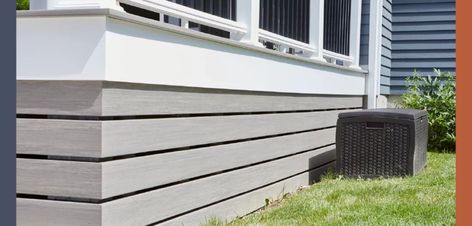 Deck Trim Ideas, Composite Deck Skirting, Deck Fascia, Deck Skirting Ideas, Porch Trim, Skirting Ideas, Deck Patterns, House Skirting, Grey Deck