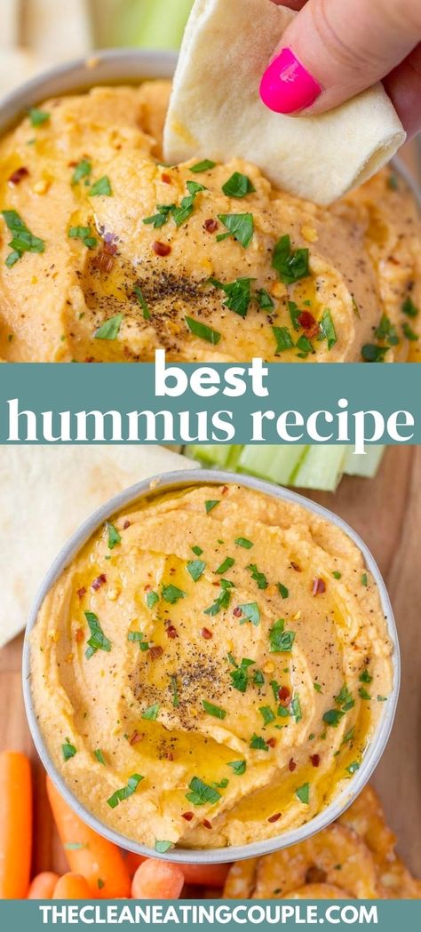 The best hummus recipe made with no tahini! An easy, healthy, homemade snack that is simple and quick to make. Perfect for an appetizer! Easy Hummus Recipe With Tahini, Healthy Hummus Recipe Clean Eating, No Tahini Hummus Recipe, Hummus Recipe Homemade Easy No Tahini, No Tahini Hummus, Easy Hummus Recipe Without Tahini, Gluten Free Hummus Recipe, Hummus Without Tahini, Healthy Hummus Recipe