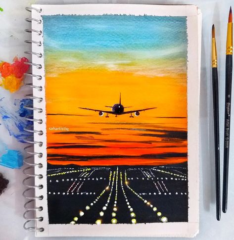 Plane takeoff painting 🧡🧡 Airplane Paintings On Canvas, Takeoff Painting, Plane Takeoff, Aeroplane Painting, Plane Sunset, Airplane Painting, Postal Card, Canvas Art Painting Abstract, Easy Cartoon Drawings