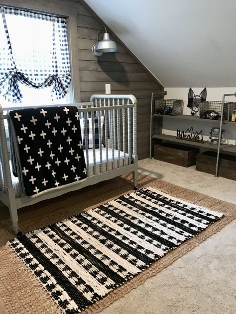 Attic Nursery Sloped Ceiling, Black Carpet Bedroom, Farmhouse Nursery Decor, Vintage Crib, Nursery Reveal, Farmhouse Nursery, Slanted Ceiling, Black Bedroom Furniture, Attic Room