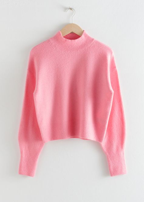 Bright Pink Sweater, Trouser Outfits, Cool Sweaters, Fashion Story, Mock Neck Sweater, High Waisted Trousers, Cut Jeans, Pink Sweater, The Pink