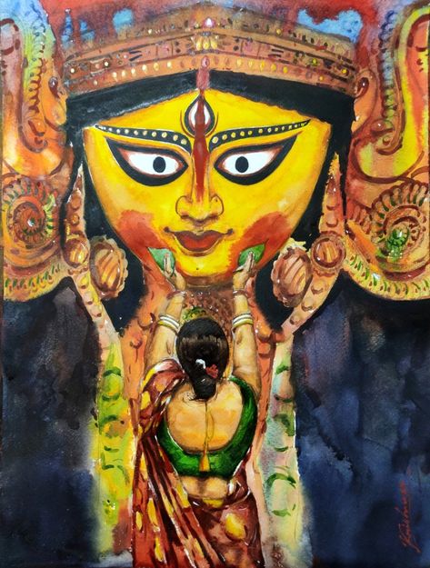 Durga Puja Watercolor Painting, Durga Puja Aesthetic Drawing, Durga Painting Watercolor, Durga Painting Artworks, Ma Durga Painting, Durga Puja Painting, Insta Logo, Durga Maa Paintings, Chinese Dragon Art