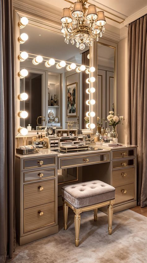 Bonus Room Ideas Walk In Dressing Room Ideas, Small Dressing Room Ideas On A Budget, Closet With Makeup Vanity, Get Ready Room Ideas, Office And Closet Combo Room, Huge Vanity, Closet Vanity Ideas, Makeup Vanity In Closet, Beauty Room Ideas