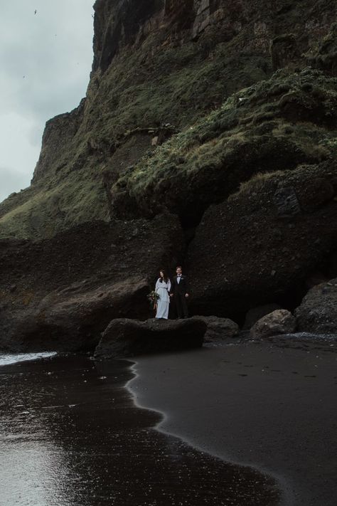 An elopement wedding at Black sand beach  in Iceland Black Sand Beach Wedding, Iceland Photoshoot, Iceland Black Sand Beach, Wedding Iceland, Black Sand Beach Hawaii, Vik Iceland, Iceland Elopement, South Iceland, Wedding Sand