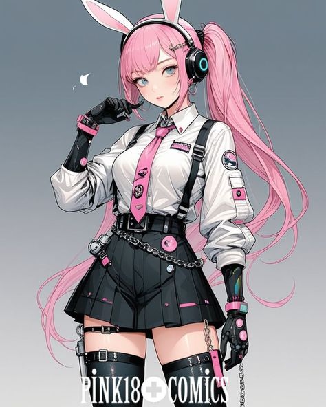 Anime Cyberpunk Design, Cyberpunk Outfits Female, Cyberpunk Outfit Art, Pastel Cyberpunk, Cyberpunk Aesthetic Outfit, Vtuber Inspiration, Pink Cyberpunk, Kawaii Cyberpunk, Pink Girly Outfits