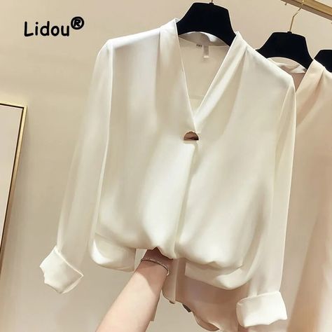 Korean Office, Simple Blouse, Loose Shirt, Sleeves Clothing, Solid Color Shirt, Loose Outfit, Loose Shirts, Chiffon Shirt, New Classic