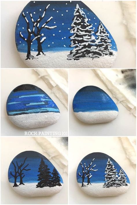 How to make this beautiful winter scene rock painting idea Rock Kunst, Rock Painting Idea, Winter Abstract, Beautiful Winter Scenes, Art Painting Tools, Winter Szenen, Painted Rocks Craft, Christmas Rock, Painted Rocks Diy