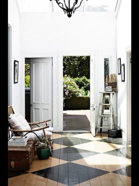 Painted Foyer Floor really helps open up the space, and invite you into this Minimalist Country Home. Painted Wood Floors, Painted Floor, Stenciled Floor, Bad Idea, Pool Design, Home Goods Decor, Painted Floors, A Living Room, Floor Design