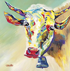 Clarabelle by Anne Waters Acrylic ~ 40" x 40" Cow Art Print, Oversize Artwork, Cow Wall Art, Cow Canvas, Fine Artwork, Yellow Beige, Cow Painting, Rainbow Abstract, Cow Art