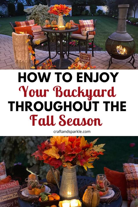 Patio Table Fall Decor, Outdoor Fall Table Decor Ideas, Fall Backyard Decorating Ideas, Simple Fall Patio Decor, Backyard Fall Decorating Ideas, Fall Outdoor Seating Area, Cozy Fall Backyard, Fall Back Deck Decorating Ideas, Fall Patio Table Decor