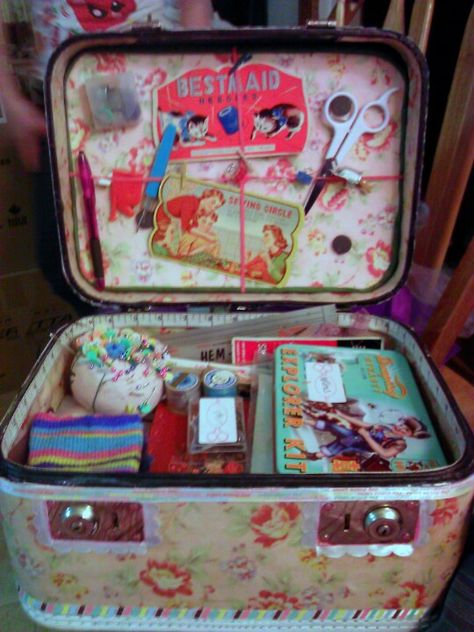 my remade train case sewing box Diy Suitcase, Wrapping Station, Suitcase Storage, Old Suitcases, Vintage Suitcases, Vintage Suitcase, Vintage Luggage, Creative Things, Elements Of Style