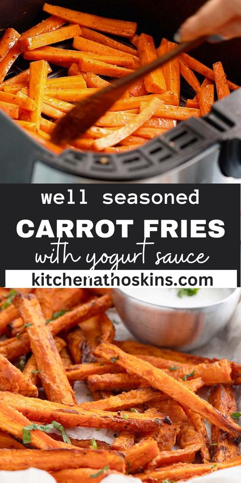 Air Fryer Carrots are seasoned to perfection, tender with a slight crisp exterior, done in less than 15 minutes and are amazing served with a tangy yogurt sauce. Forget french fries and make this instead for a healthy snack or side dish. Carrot Fries Air Fryer, Air Fryer Carrot Fries, Carrot Fries Recipe, Roasted Carrot Fries, Air Fryer Side Dishes, Carrot Fries, Roasted Carrot, Toddler Lunch, Healthy Air Fryer