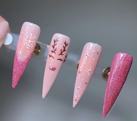 Pink Stiletto Christmas Nails, Reindeer Nail Art, Pink Reindeer, Holiday Characters, Stilleto Nails Designs, Minimalist Monochrome, Press Nails, Luxury Press On Nails, Long Acrylic Nail Designs