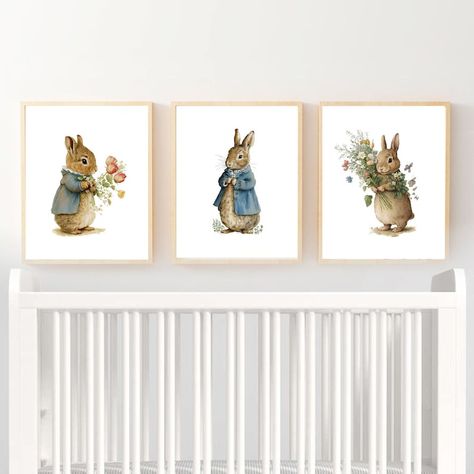 Peter Rabbit Inspired Watercolor Prints Set of 3, Nursery Art, Kids Room Decor, Nursery Wall Art, Baby Shower Gift, Easter Gift Printable - Etsy Peter Rabbit Artwork, Velveteen Rabbit Nursery, Rabbit Artwork, Velveteen Rabbit, Nursery Canvas, Prints Set Of 3, Nursery Playroom, Watercolor Prints, Girls Nursery