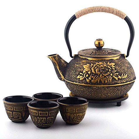 AmazonSmile | 6-piece Japanese Cast Iron Pot Tea Set with Trivet, Golden Peony (40 oz): Teapots Asian Tea Sets, Chinese Tea Pot, Cast Iron Set, Cast Iron Teapot, Iron Teapot, Loose Leaf Teas, Japanese Tea Set, Cast Iron Tea Pot, Cast Iron Pot