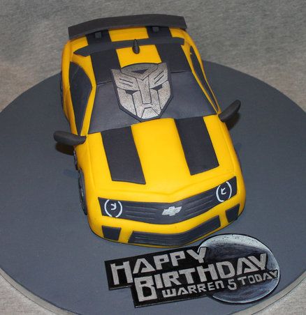 Transformers Bumblebee (Chevrolet Camaro) Car  Cake by Cake Creations By Hannah Bumble Bee Transformer Cake, Cake For Boys Birthday, Bumblebee Car, Transformers Birthday Cake, Transformers Dark Of The Moon, Transformers Cake, Transformers Birthday Parties, Transformers Birthday, Transformer Party