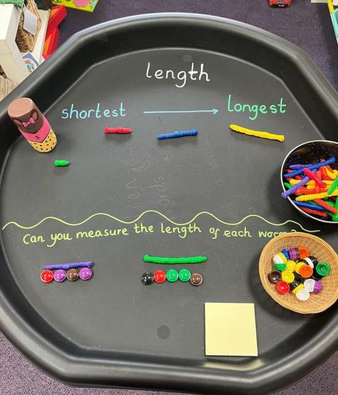 Miss A on Instagram: "Measuring length ✨ A simple set up using measuring worms from @learningresourcesuk and inspiration from @primarystarseducation. #buddiesloveplay #primarystarseducation #measuringactivities #measuring #measuringlength #learningresources #maths #practicalmaths #mathsisfun #mathsteacher #ks1 #year1teacher #year1continuousprovision #tufftrayideas #classroominspiration #classroomsetup #mathstufftray #classroominspo #classroomlearning" Length Eyfs Activities, Measuring Tuff Tray Ideas, Length Activities Year 1, Length Activities For Kindergarten, Measuring Eyfs, Maths Activities Eyfs, Length Activities, Measuring Length Activities, Gardening Preschool