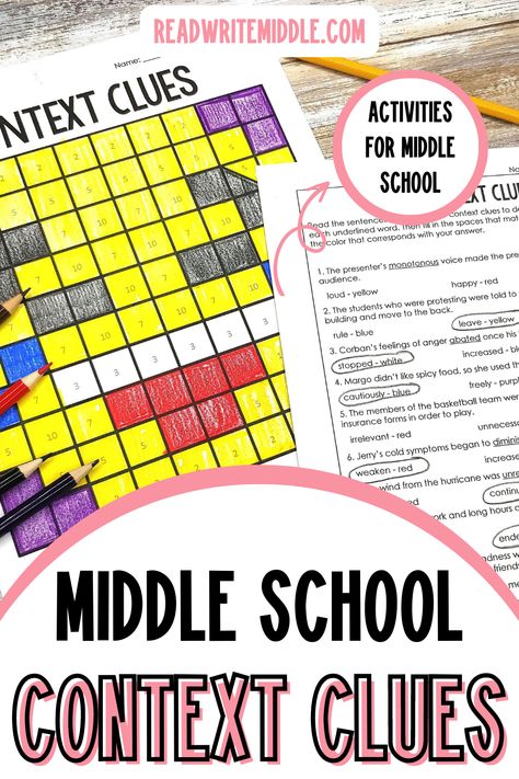 Trying to find the best ways to review context clues with your middle school students? Check out these fun and engaging context clues activities and worksheets for your sixth grade, seventh grade, and eighth grade students. Your 5th grade, 6th grade, and 7th grade students will benefit from the context clues practice in these ELA worksheets. These activities and Language Arts lessons are perfect for back to school and are just right for students in grades 5, 6, & 7. Context Clues Examples, Context Clues Activities, Context Clues Worksheets, Teacher Checklist, Ela Worksheets, Survival Kit For Teachers, Teacher Survival, Middle School Reading, 6th Grade Ela