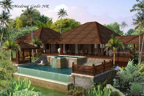 Balemaker Tropical Houses. Tropical house plans builder and house plans company in Bali, tropical resort design, hardwood flooring,knock-down and prefab house Tropical Resort Design, Tropical House Plans, Tropical House Music, Resort Style Home, Belize Real Estate, Small Beach Houses, Tropical House Design, Bali House, House Roof Design