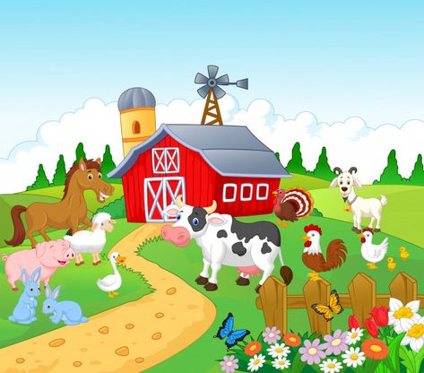 Farm background with animals Premium Vector Farm Mural, Farm Background, Farm With Animals, Farm Animals Preschool, Farm Cartoon, Cow Vector, Farm Images, Background Design Vector, Farm Scene