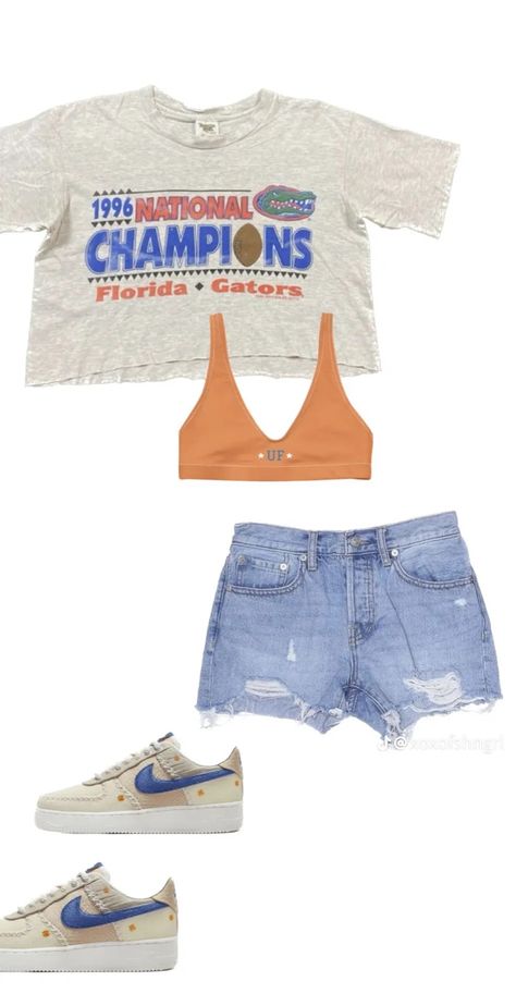 Uf Football Game Outfit, Gator Gameday Outfit, Uf Gameday Outfit, Uf Outfits, Hoco Aesthetic, Florida Shirts, Gameday Fits, College Gameday Outfits, Gameday Outfits