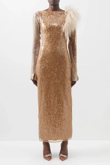 Rent Designer Dresses and Bags UK | By Rotation Sequinned Dress, In A Mood, Ostrich Feather Trim, Gold High Heels, High Heel Dress, Feather Trim, Most Beautiful Dresses, Ostrich Feather, Dress Gold