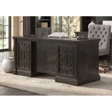 Traditional Wood Double Pedestal Executive Desk, Writing Table, Office Desk, Fully Assembled, Dark Brown - On Sale - Bed Bath & Beyond - 37524458 English Country Manor, Executive Home Office, Farmhouse Desk, Brown Desk, Country Manor, Brown Bed, Office Set, Writing Table, Antique Hardware