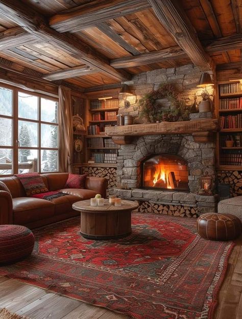 Cosy Pictures, Medieval Living Room, Cottage Core Bedroom, Insulating A Shed, Italian Accent, Cottage Lounge, Hunting Cabin, Bedroom Fireplace, Cabins And Cottages