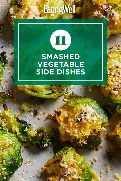 Make these smashed vegetable recipes for a healthy and flavorful side dish. Whether it’s beets, potatoes or root vegetables, smashing the vegetables allows them to absorb flavor so they’re delicious on the inside and outside. Try recipes like Crispy Smashed Brussels Sprouts and Garlic-Rosemary Smashed Potatoes for a fun and nutritious side that will make any meal tastier. #vegetables #vegetablerecipes #vegetabledishes #healthyrecipes Smashed Potatoes And Brussel Sprouts, Smashed Veggies, Smashed Vegetables, Healthy Side Dish Recipes, Smashed New Potatoes, Smashed Brussels Sprouts, Roasted Smashed Potatoes, Parsnip Recipes, Herb Roasted Potatoes