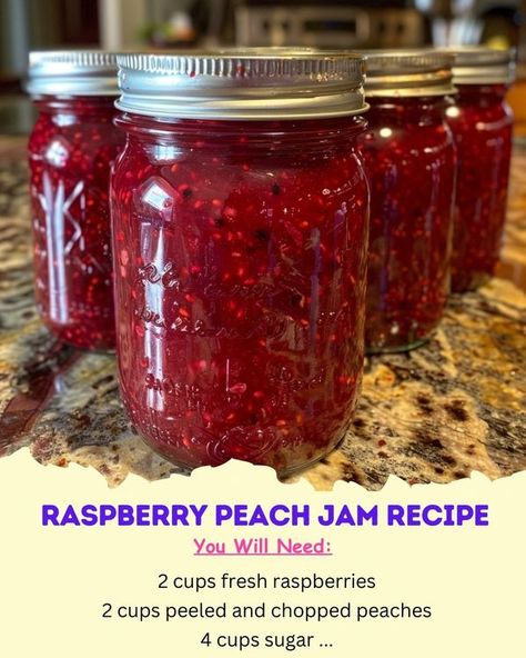 Raspberry Peach Jam  Ingredients: - 2... - The Savory Secrets Raspberry Peach Jam Recipe, Raspberry Peach Jam, Canned Goods, Peach Jam, My Recipes, Jams & Jellies, Preserving Food, Granulated Sugar, Lemon Juice