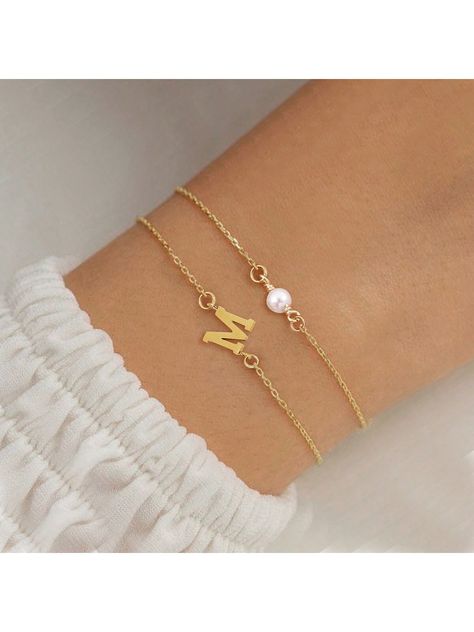 2 Pcs/Set New Simple Initial Pearl Classic Gold Color Stainless Steel Chain Bracelets For Women Yellow Gold    Stainless Steel     Women Fashion Jewelry, size features are:Bust: ,Length: ,Sleeve Length: Eyelash Extension Kits, Diy Eyelash Extensions, Waxed Eyebrows, Gold Collar, Classic Gold, Pink Brown, Stainless Steel Chain, Colorful Leggings, Chain Bracelet