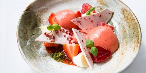 Strawberry, douglas fir and basil Michelin Star Dessert Recipes, Michelin Star Dessert, Restaurant Desserts, Strawberry Meringue, Fine Dining Desserts, Dessert Original, Panna Cotta Recipe, Plated Dessert, Great British Chefs