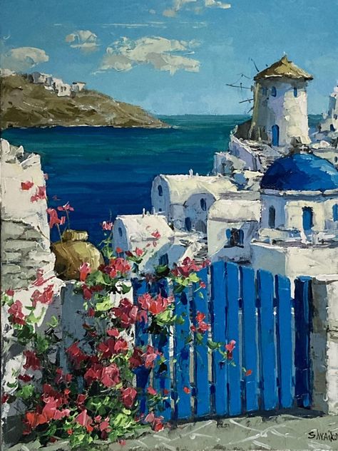 Greece Art Paintings, Greece Painting Wallpaper, Santorini Painting Acrylic, Santorini Canvas Painting, Santorini Greece Painting, Greek Scenery Paintings, Mediterranean Paintings, Greece Landscape, Greek Paintings