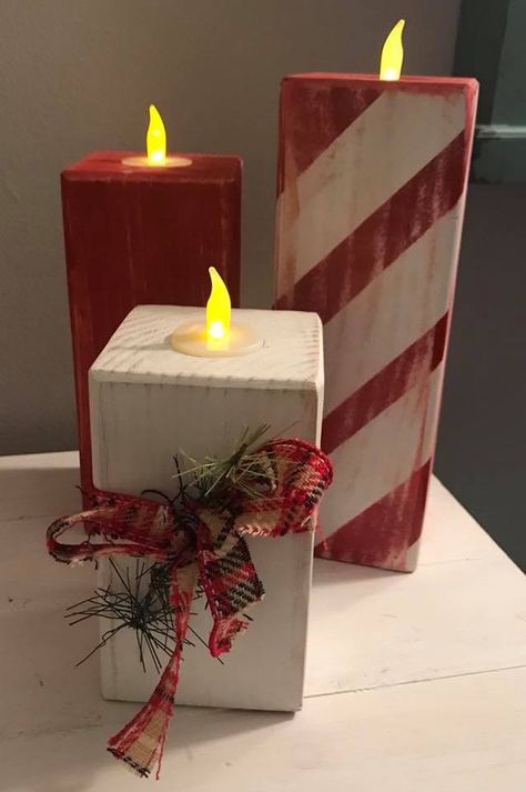 Christmas T Light Holders, Diy Holiday Wood Crafts, Wood Projects Holidays, Easy Diy Wood Crafts To Sell, Christmas Wood Blocks Diy Craft Ideas, Chunky Wood Candle Holders, Christmas Wood Candle Holders, Scrap Wood Holiday Projects, Small Christmas Wood Projects