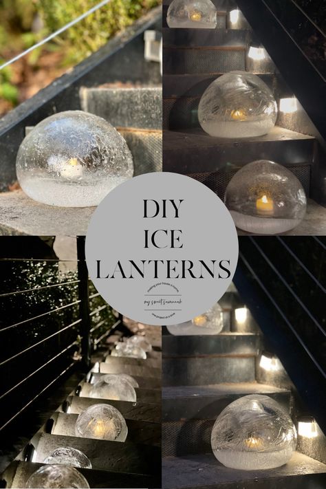 DIY ICE LANTERNS. Create a magical winter glow with these easy ice lanterns. All you need is balloons, water, freezing temps, (or a freezer) and battery operated flickering tea lights! Come see how easy these are! Ice Candles Diy, Ice Lanterns, Winter Dinner Party, Ice Candle, Battery Operated Tea Lights, Ice Art, Magical Winter, Flickering Lights, Diy Lanterns